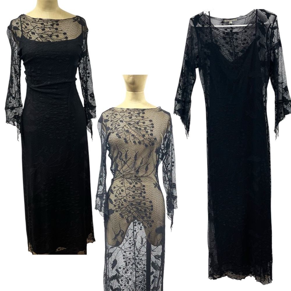 Moa Moa Fishnet Dress LG Black 90s Dark Feminine Lace Dress Goth Two Piece Edgy